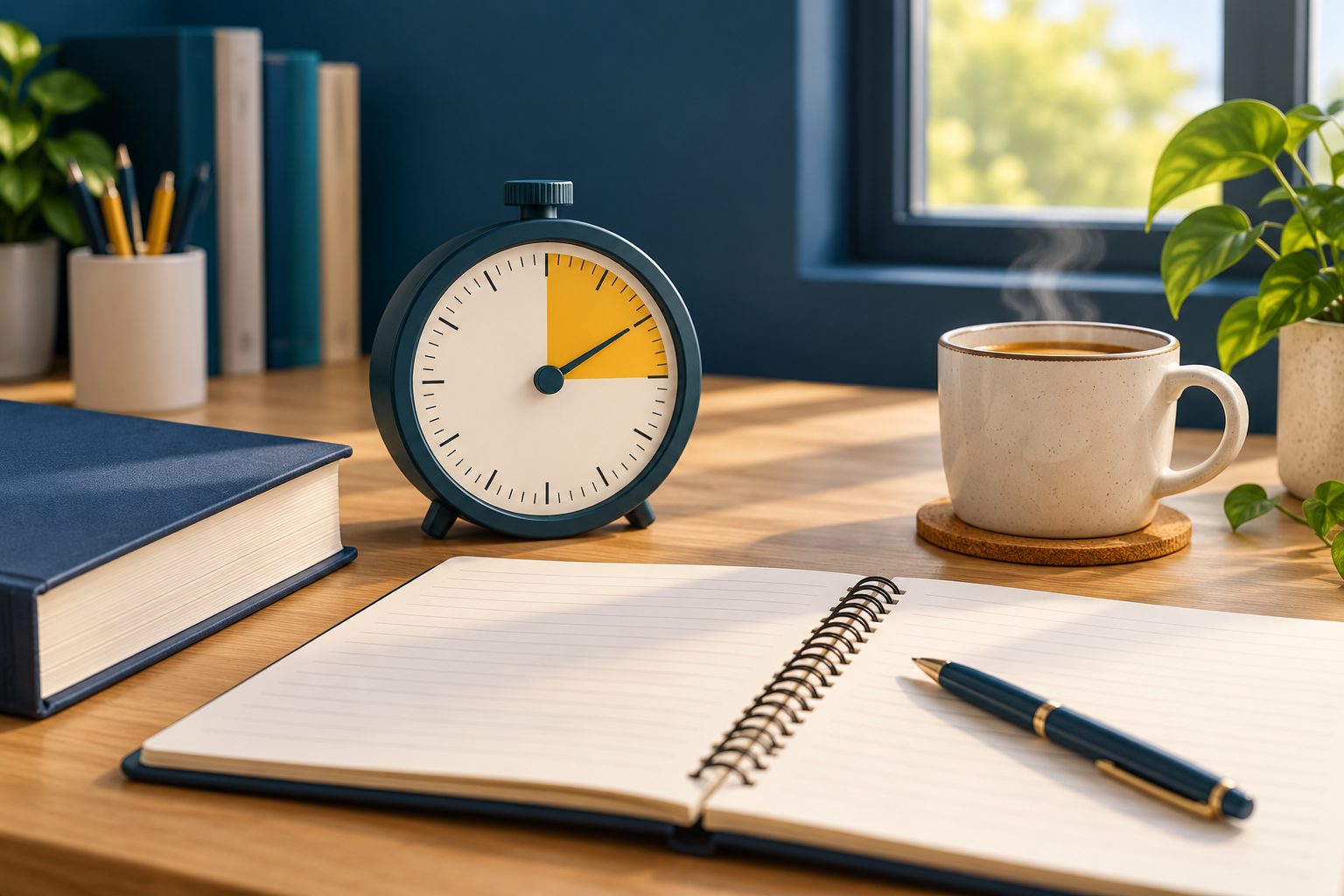 Student studying at desk with books and timer signaling a study break