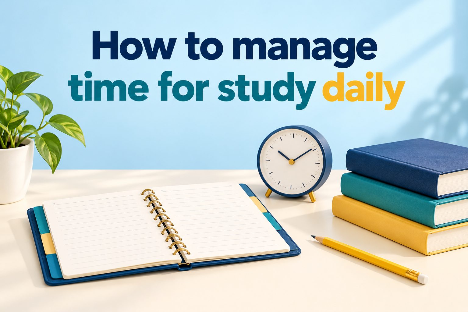 how-to-manage-time-for-study-daily-e2853 Student planning daily study time with a notebook, calendar, and clock